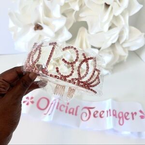 13th Birthday Tiara and Sash in Rose Gold and White with Rhinestones